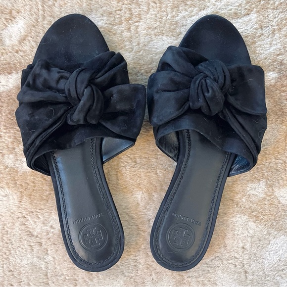 Tory Burch Annabelle Suede Leather Bow Open Toe Slide Sandals In Black Size 7 - Picture 2 of 14